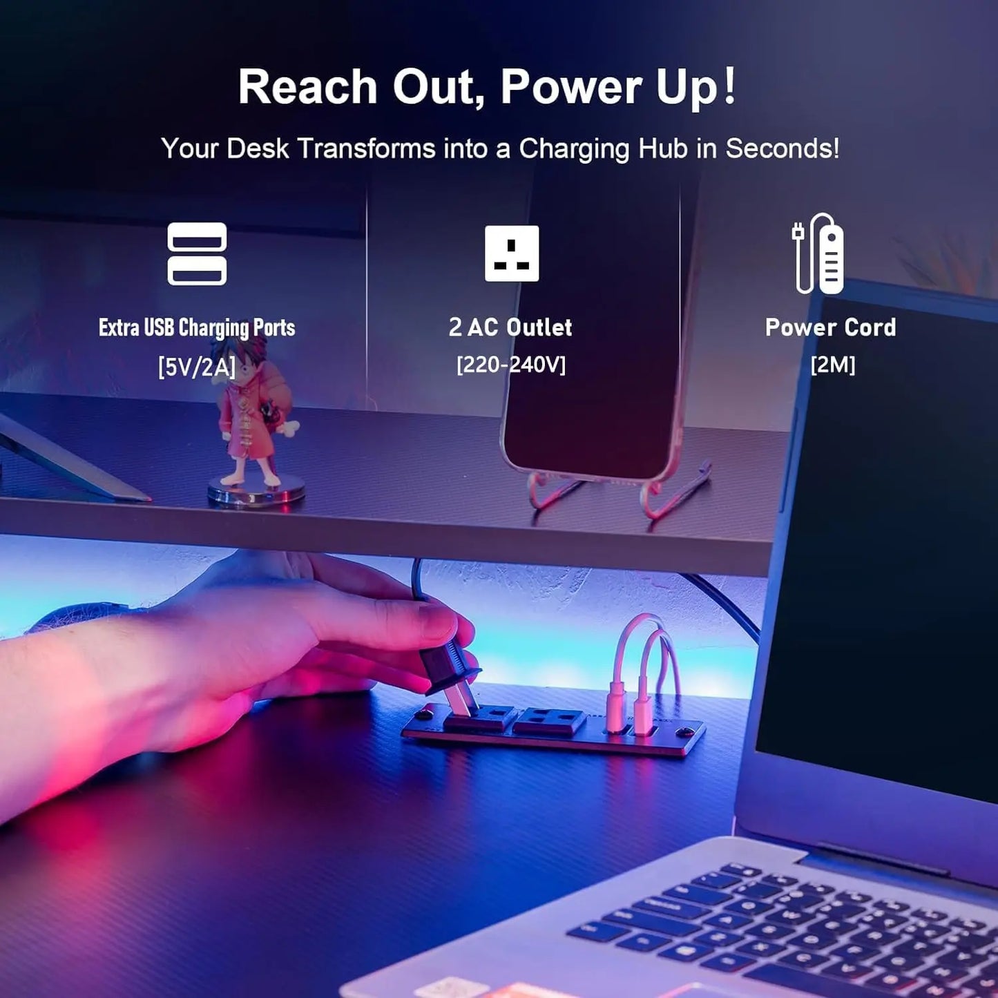 مكتب ألعاب 140 سم مع أضواء LED RGB ومنافذ طاقة كمبيوتر حامل شاشة وخطاف لسماعة الرأس من شولوفس أسود Chulovs