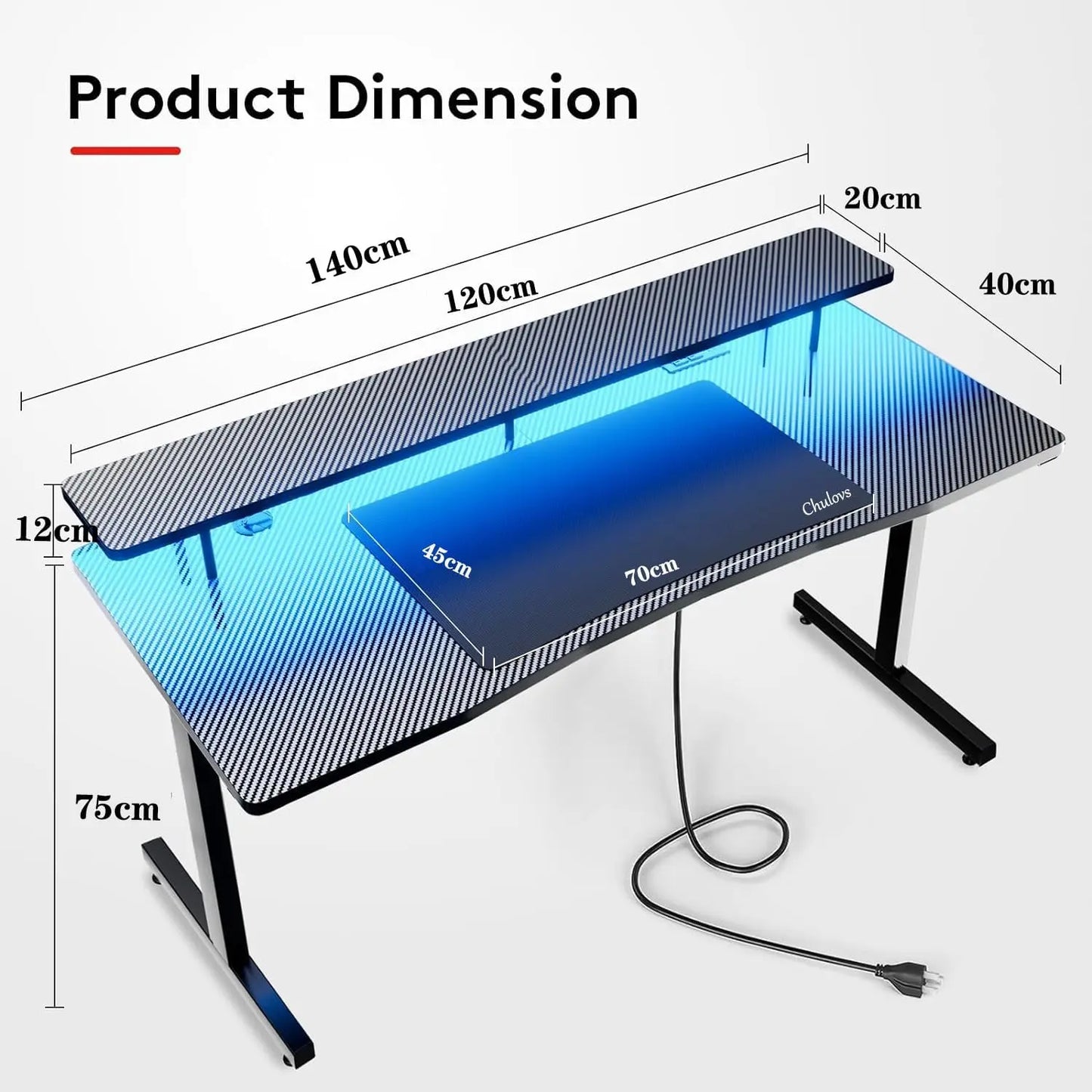مكتب ألعاب 140 سم مع أضواء LED RGB ومنافذ طاقة كمبيوتر حامل شاشة وخطاف لسماعة الرأس من شولوفس أسود Chulovs