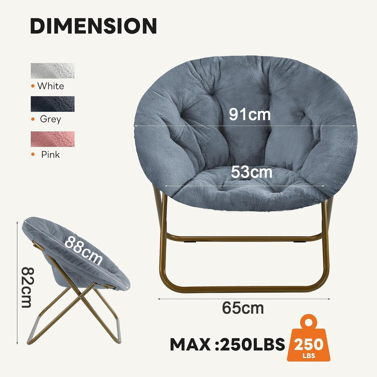 Oversized Faux‑Fur Foldable Lounge Chair, Thick Plush Padded Comfy Chair with Sturdy Metal Frame, Modern Relax Chair for Living Room Bedroom Dorm, for Kids & Adults, X‑Large, Classic Gray