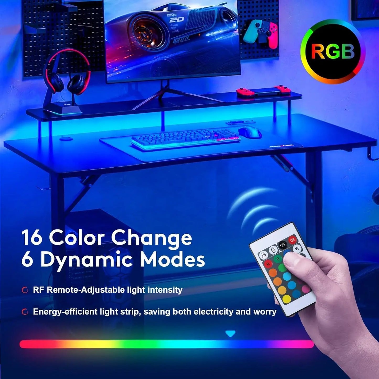 مكتب ألعاب 140 سم مع أضواء LED RGB ومنافذ طاقة كمبيوتر حامل شاشة وخطاف لسماعة الرأس من شولوفس أسود Chulovs