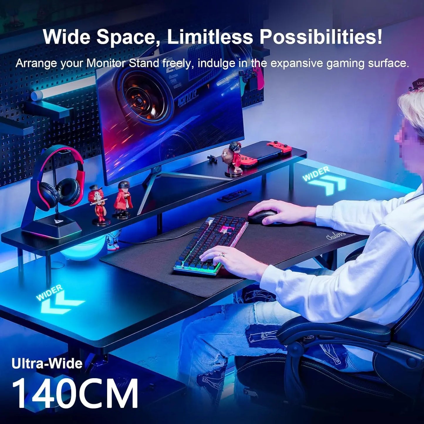 مكتب ألعاب 140 سم مع أضواء LED RGB ومنافذ طاقة كمبيوتر حامل شاشة وخطاف لسماعة الرأس من شولوفس أسود Chulovs