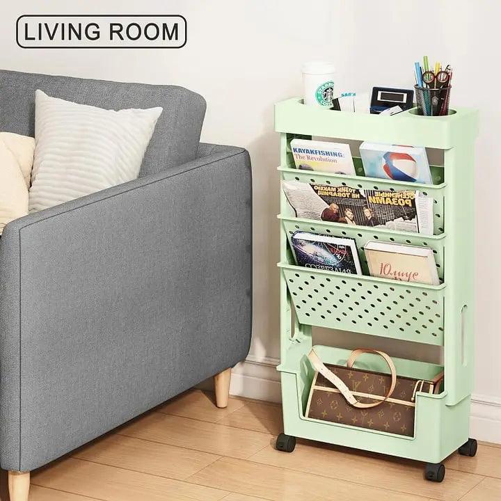 عربة متعددة الاستخدامات بعجلات دوارة من 5 طبقات، رفوف لتخزين الكتب متحركة أخضر - Chulovs