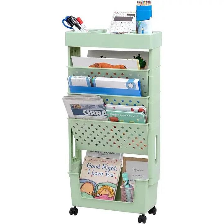 عربة متعددة الاستخدامات بعجلات دوارة من 5 طبقات، رفوف لتخزين الكتب متحركة أخضر - Chulovs
