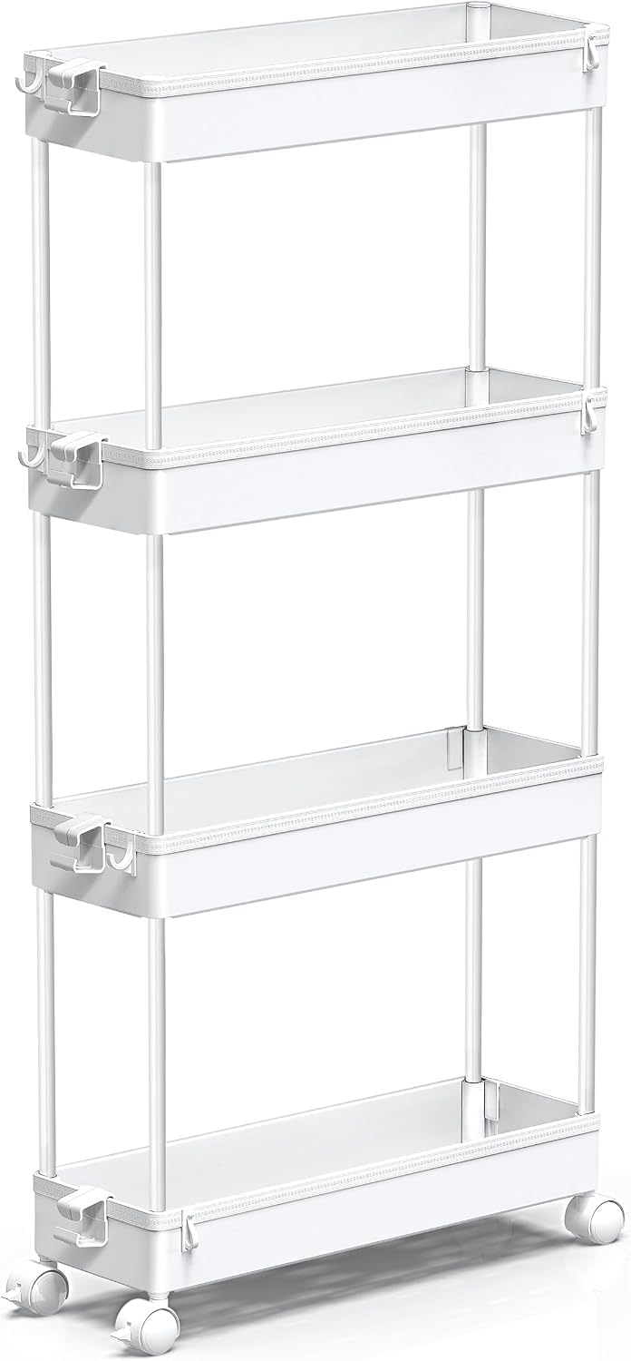 Slim Rolling Utility Storage Cart, 3‑Tier Mobile Bathroom Organizer Trolley, White