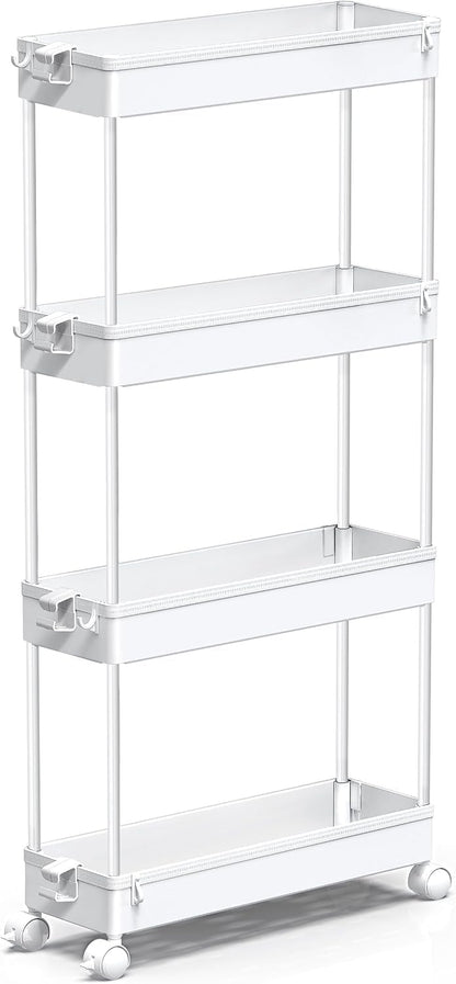 Slim Rolling Utility Storage Cart, 3‑Tier Mobile Bathroom Organizer Trolley, White