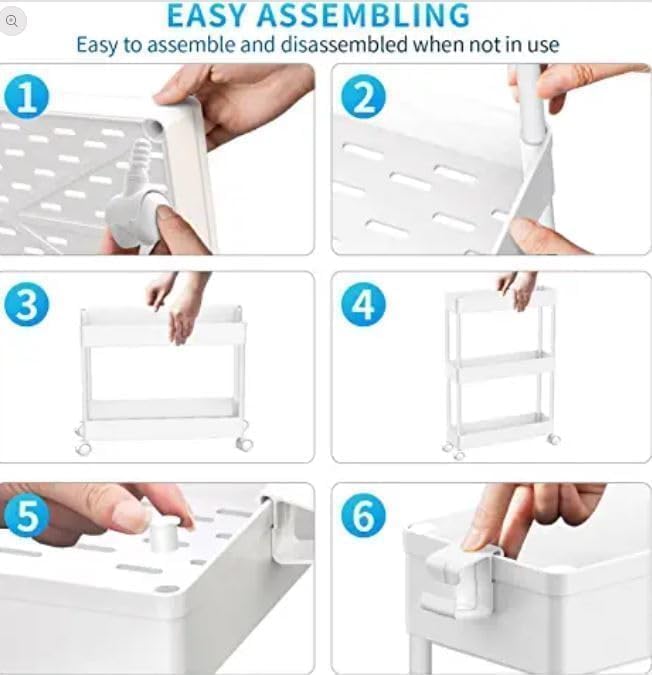 Slim Rolling Utility Storage Cart, 3‑Tier Mobile Bathroom Organizer Trolley, White