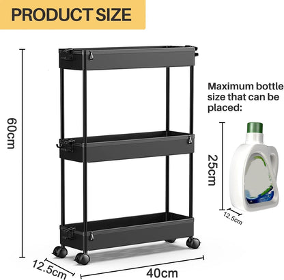 Slim Rolling Utility Storage Cart, 3‑Tier Mobile Bathroom Organizer Trolley, White