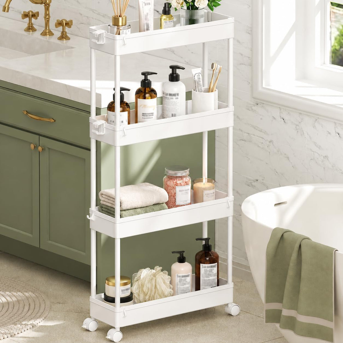 Slim Rolling Utility Storage Cart, 3‑Tier Mobile Bathroom Organizer Trolley, White