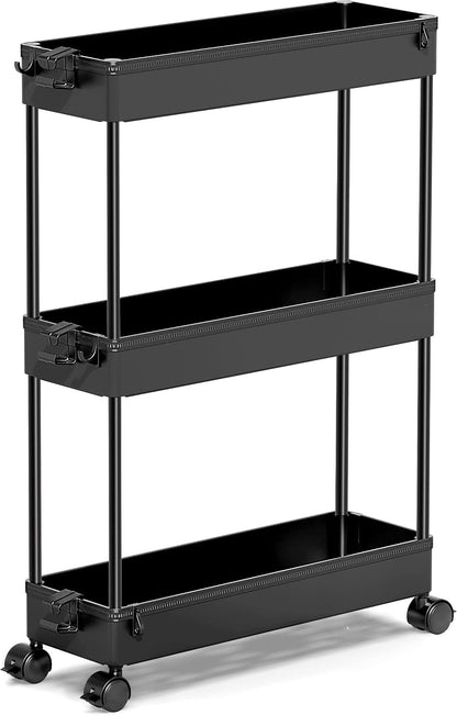 Slim Rolling Utility Storage Cart, 3‑Tier Mobile Bathroom Organizer Trolley, White