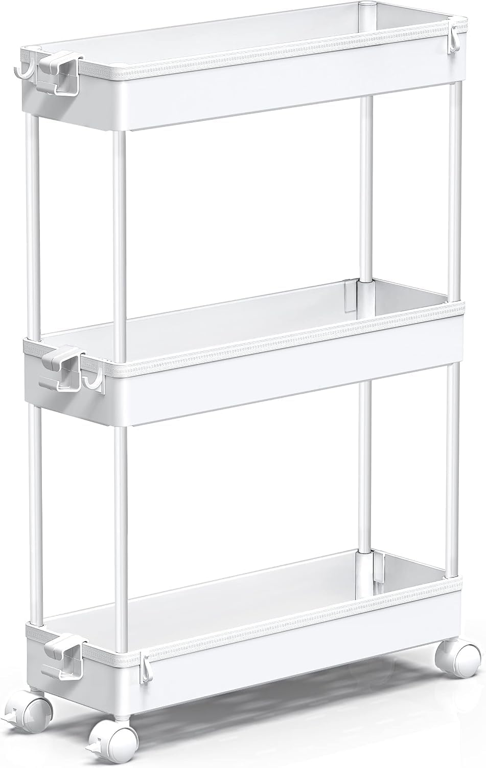 Slim Rolling Utility Storage Cart, 3‑Tier Mobile Bathroom Organizer Trolley, White
