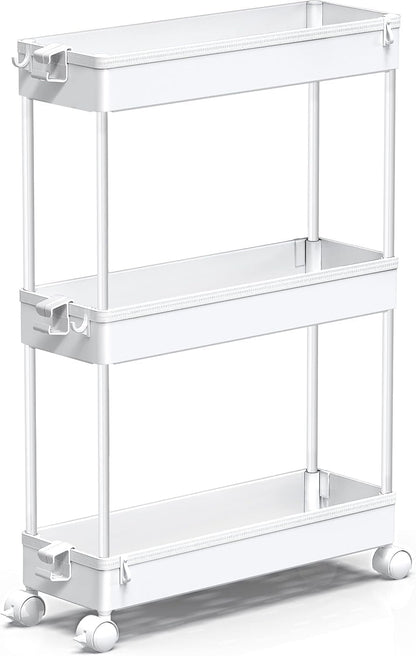 Slim Rolling Utility Storage Cart, 3‑Tier Mobile Bathroom Organizer Trolley, White