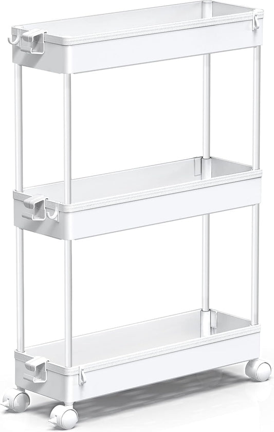 Slim Rolling Utility Storage Cart, 3‑Tier Mobile Bathroom Organizer Trolley, White