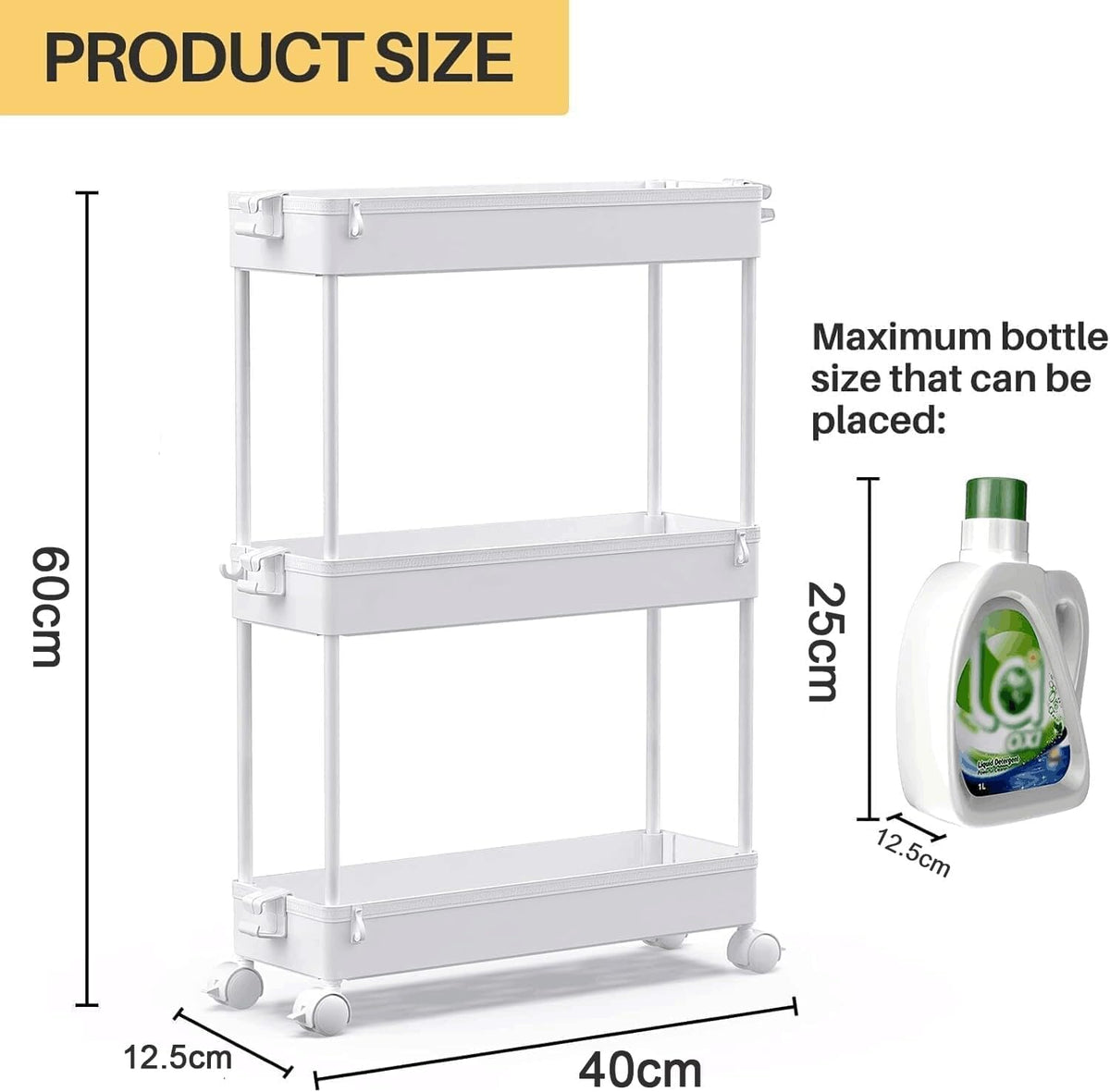 Slim Rolling Utility Storage Cart, 3‑Tier Mobile Bathroom Organizer Trolley, White