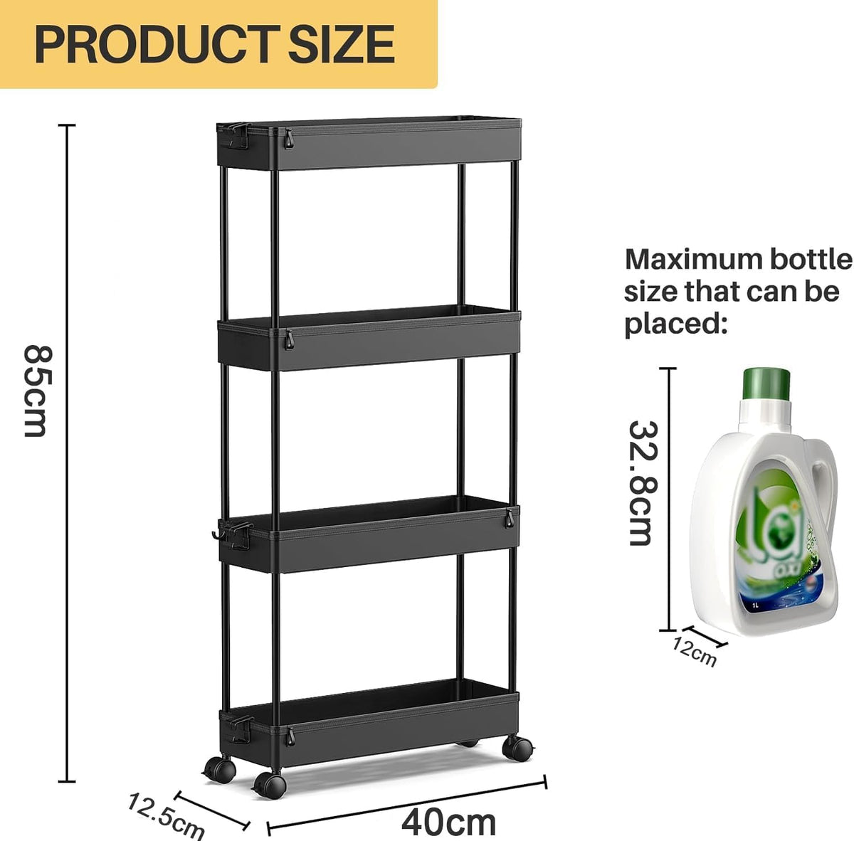 Slim Rolling Utility Storage Cart, 3‑Tier Mobile Bathroom Organizer Trolley, White