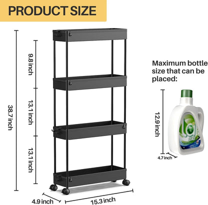 Slim Rolling Utility Storage Cart, 3‑Tier Mobile Bathroom Organizer Trolley, White