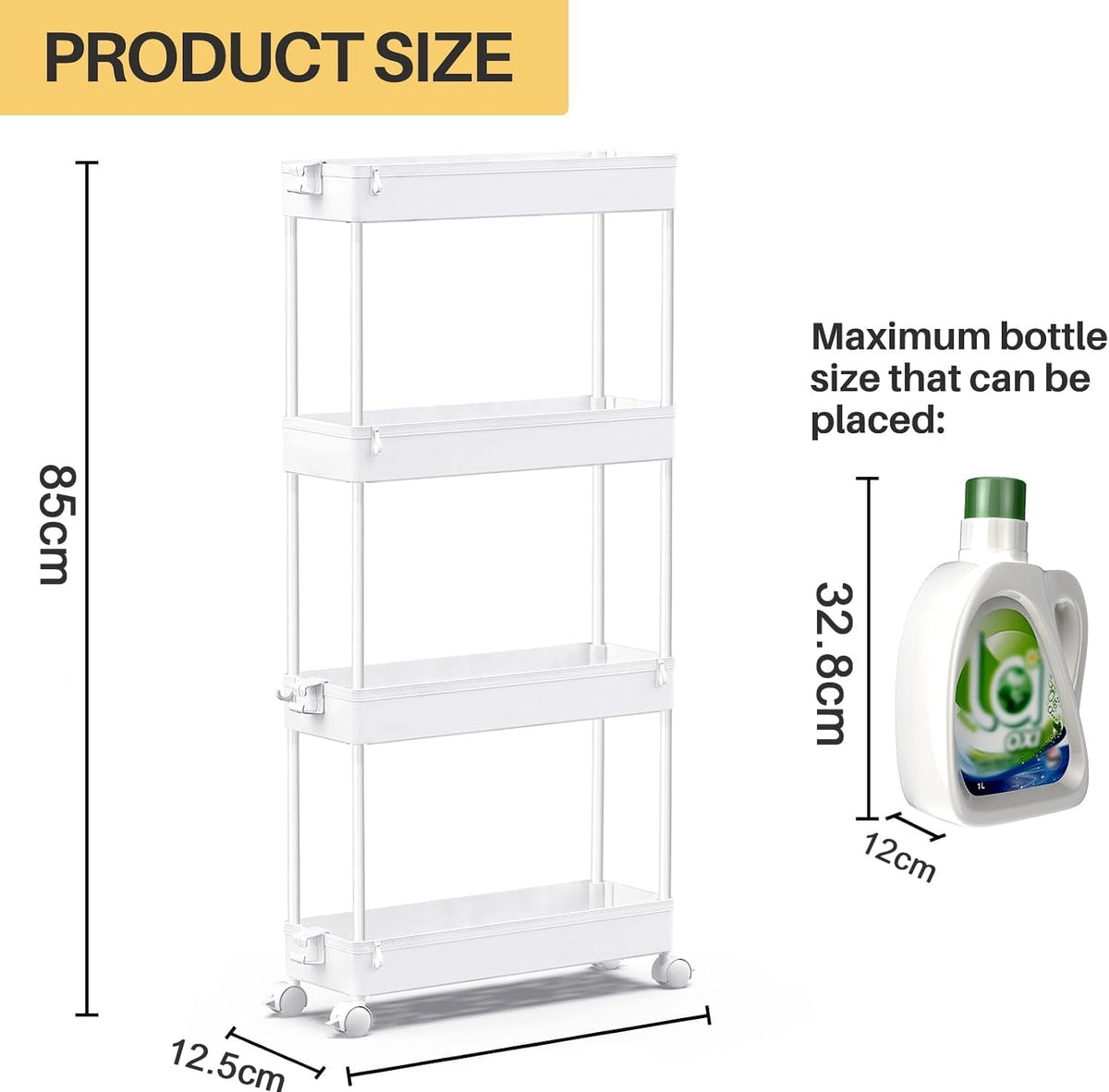 Slim Rolling Utility Storage Cart, 3‑Tier Mobile Bathroom Organizer Trolley, White