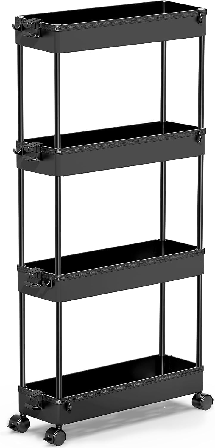 Slim Rolling Utility Storage Cart, 3‑Tier Mobile Bathroom Organizer Trolley, White