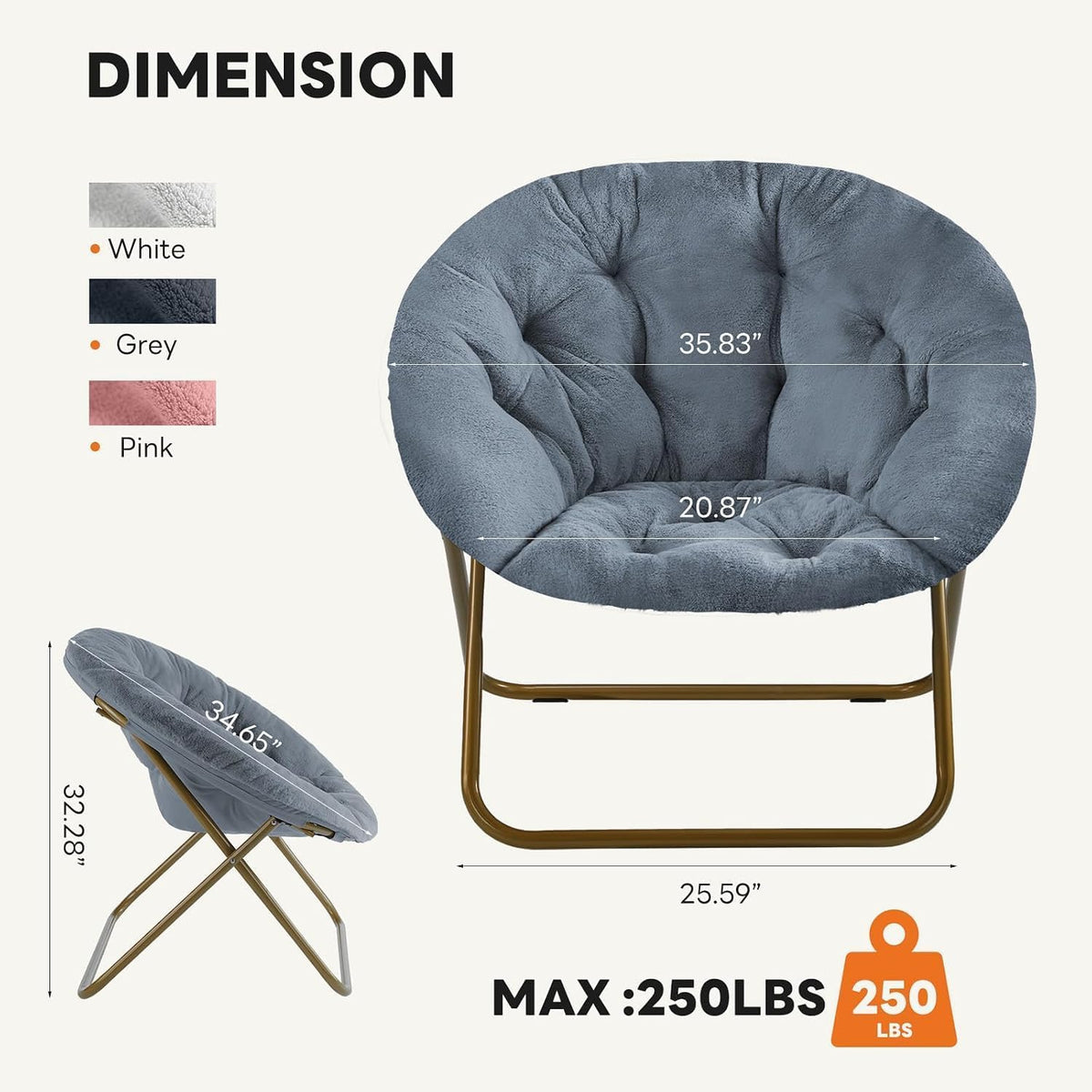 Oversized Faux‑Fur Foldable Lounge Chair, Thick Plush Padded Comfy Chair with Sturdy Metal Frame, Modern Relax Chair for Living Room Bedroom Dorm, for Kids & Adults, X‑Large, Classic Gray
