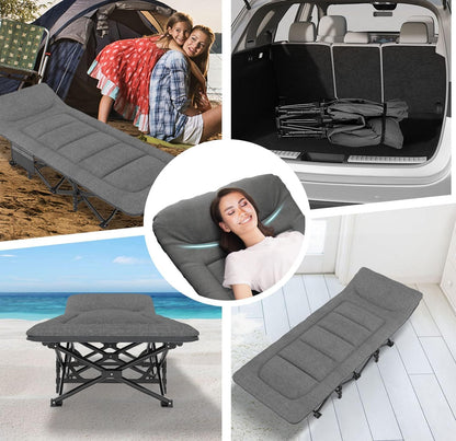 Adult Camping Cot with Cushion and Pillow, Lightweight Portable Folding Sleeping Bed, Outdoor Tent Cot with Carry Bag, Heavy Duty Support 450 lbs, Grey