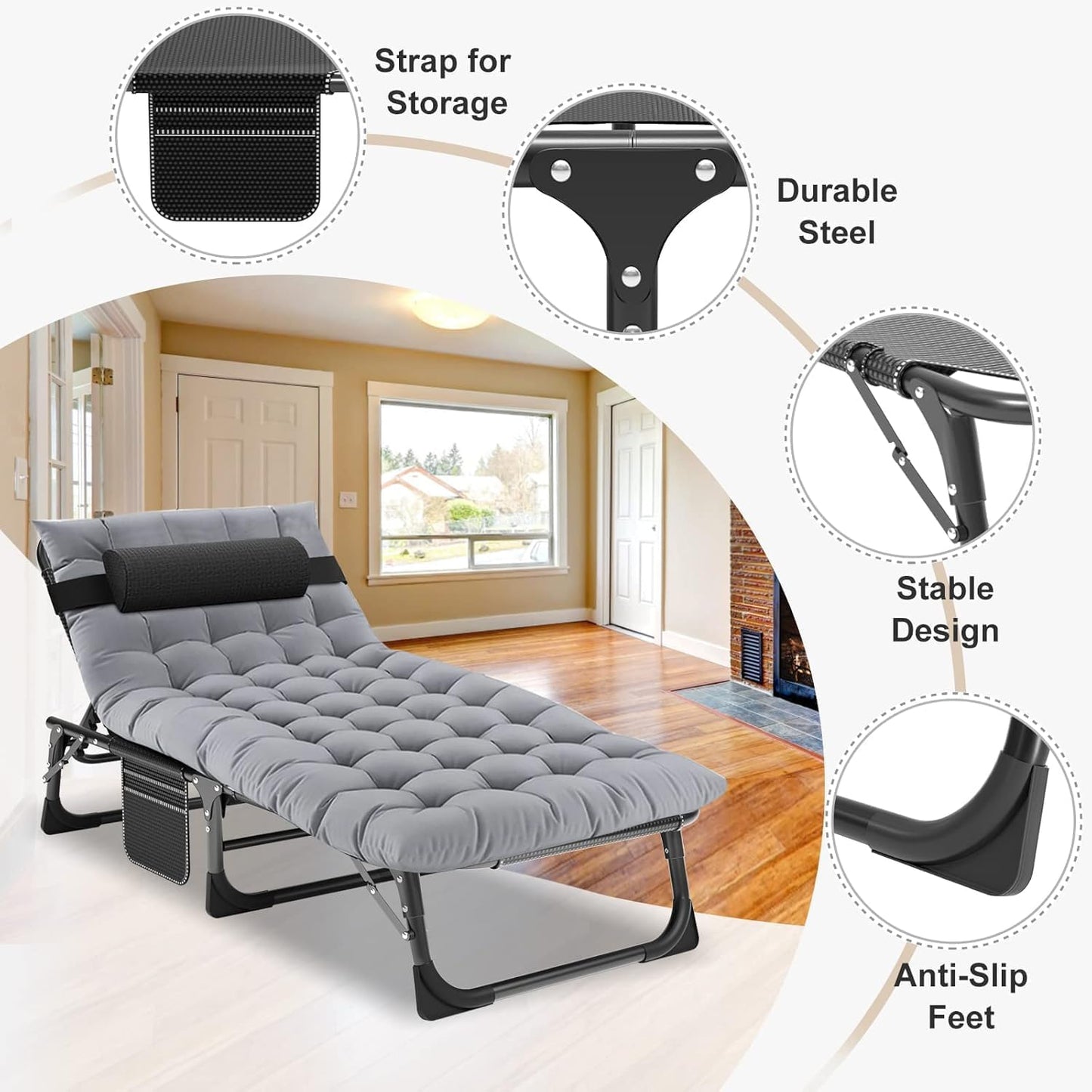 5 Position Adjustable Chaise Lounge Chair, Padded Outdoor Tanning Chair, Heavy Duty Portable Recliner for Patio Pool Lawn Deck Poolside Sunbathing, Support 440 Lbs