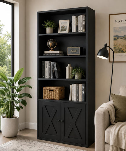 Chulovs Industrial Closed Book Storage Cabinet, Freestanding 6-Tier Display Bookshelf with Cabinet Doors, 70.6 Inch Tall Storage Bookcase for Home Office & Living Room, Black Finish