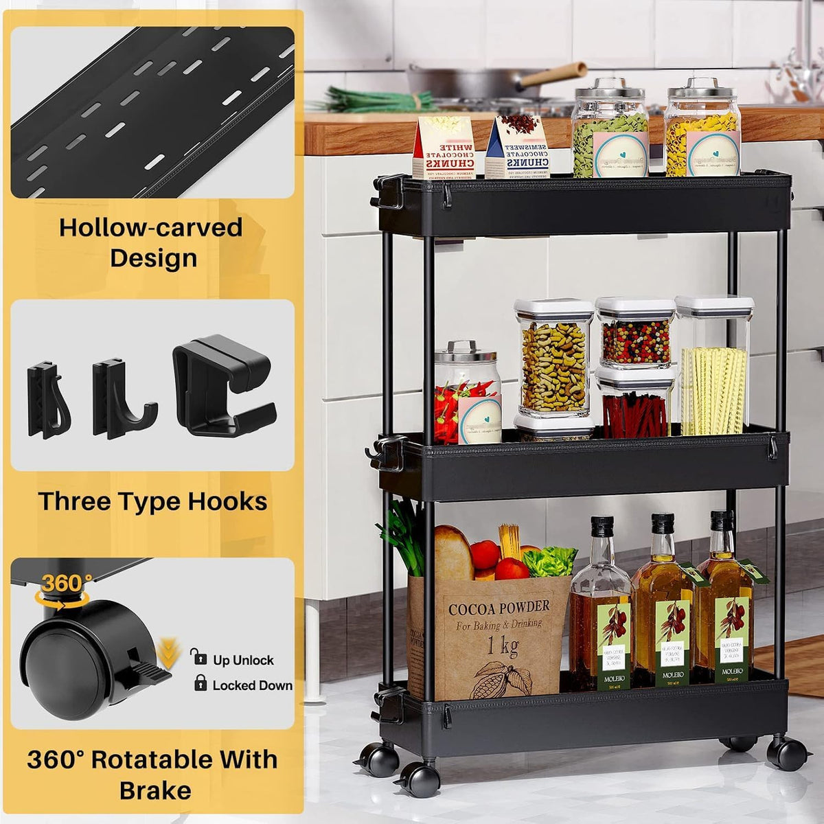 Slim Rolling Utility Storage Cart, 3‑Tier Mobile Bathroom Organizer Trolley, White
