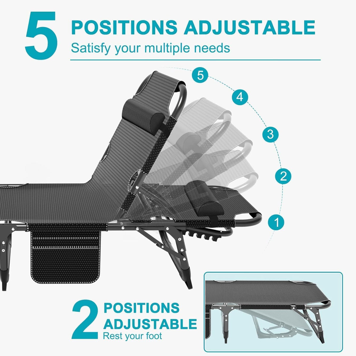 5 Position Adjustable Chaise Lounge Chair, Padded Outdoor Tanning Chair, Heavy Duty Portable Recliner for Patio Pool Lawn Deck Poolside Sunbathing, Support 440 Lbs
