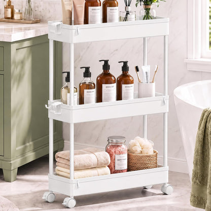 Slim Rolling Utility Storage Cart, 3‑Tier Mobile Bathroom Organizer Trolley, White