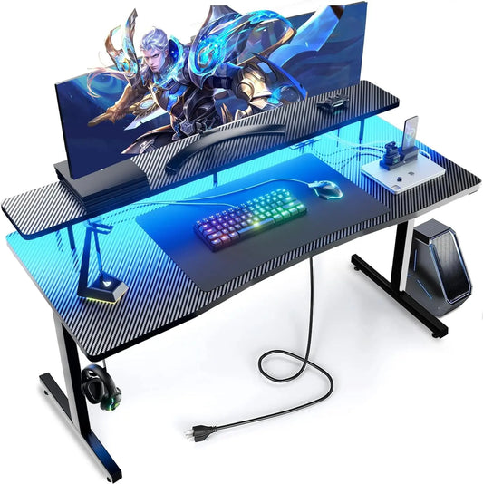 مكتب ألعاب 140 سم مع أضواء LED RGB ومنافذ طاقة كمبيوتر حامل شاشة وخطاف لسماعة الرأس من شولوفس أسود Chulovs