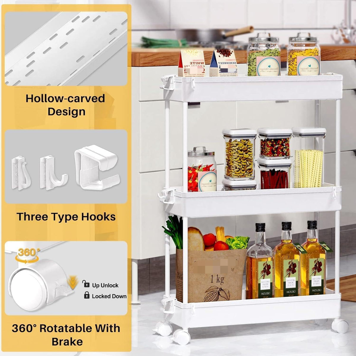 Slim Rolling Utility Storage Cart, 3‑Tier Mobile Bathroom Organizer Trolley, White