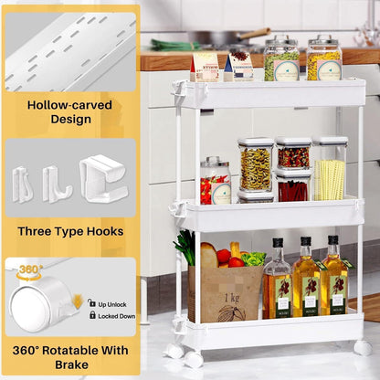Slim Rolling Utility Storage Cart, 3‑Tier Mobile Bathroom Organizer Trolley, White