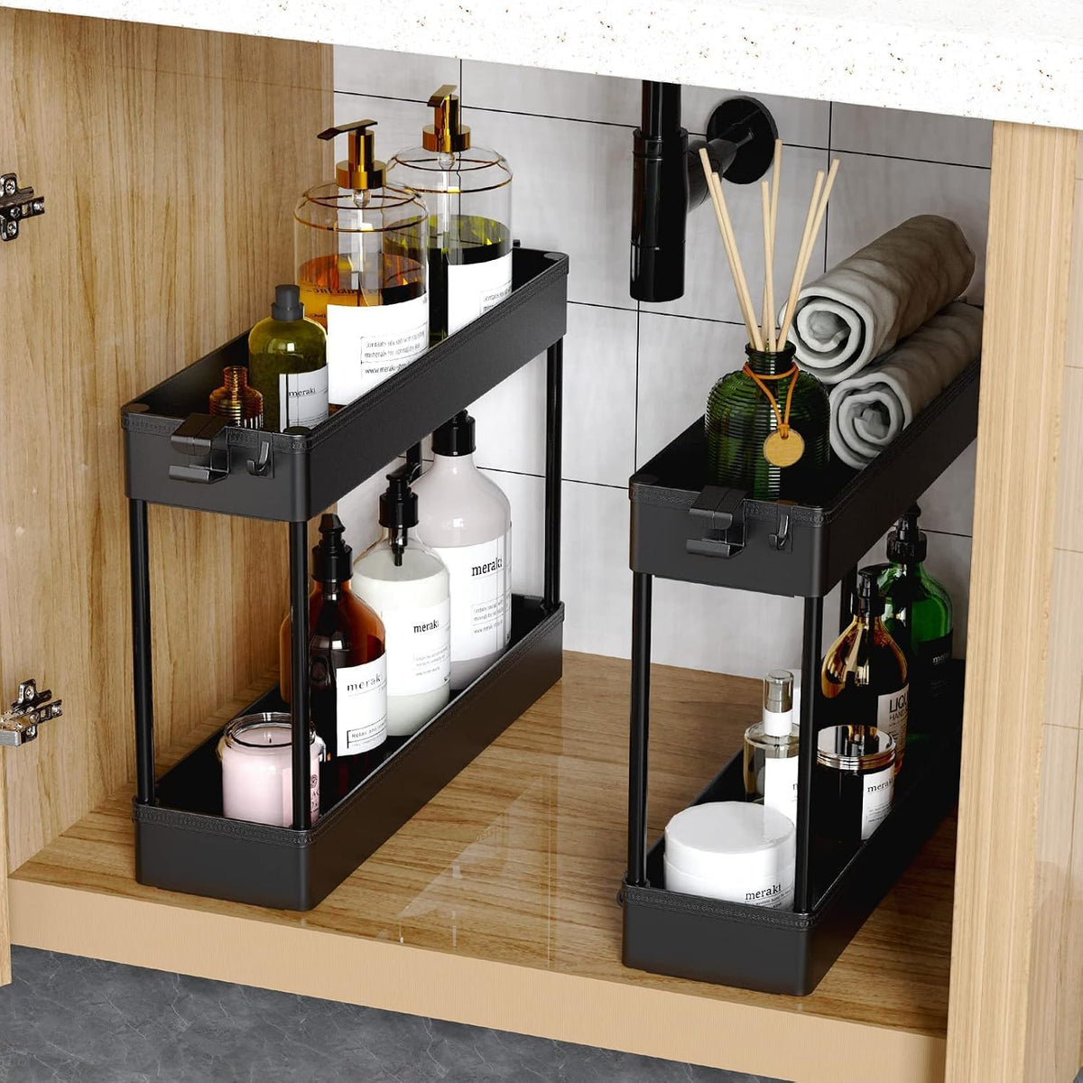 Slim Rolling Utility Storage Cart, 3‑Tier Mobile Bathroom Organizer Trolley, White