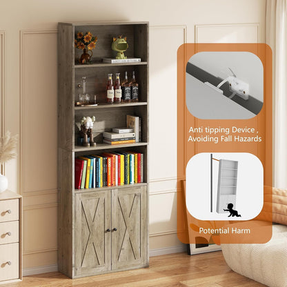 Chulovs Industrial Closed Book Storage Cabinet, Freestanding 6-Tier Display Bookshelf with Cabinet Doors, 70.6 Inch Tall Storage Bookcase for Home Office & Living Room, Black Finish