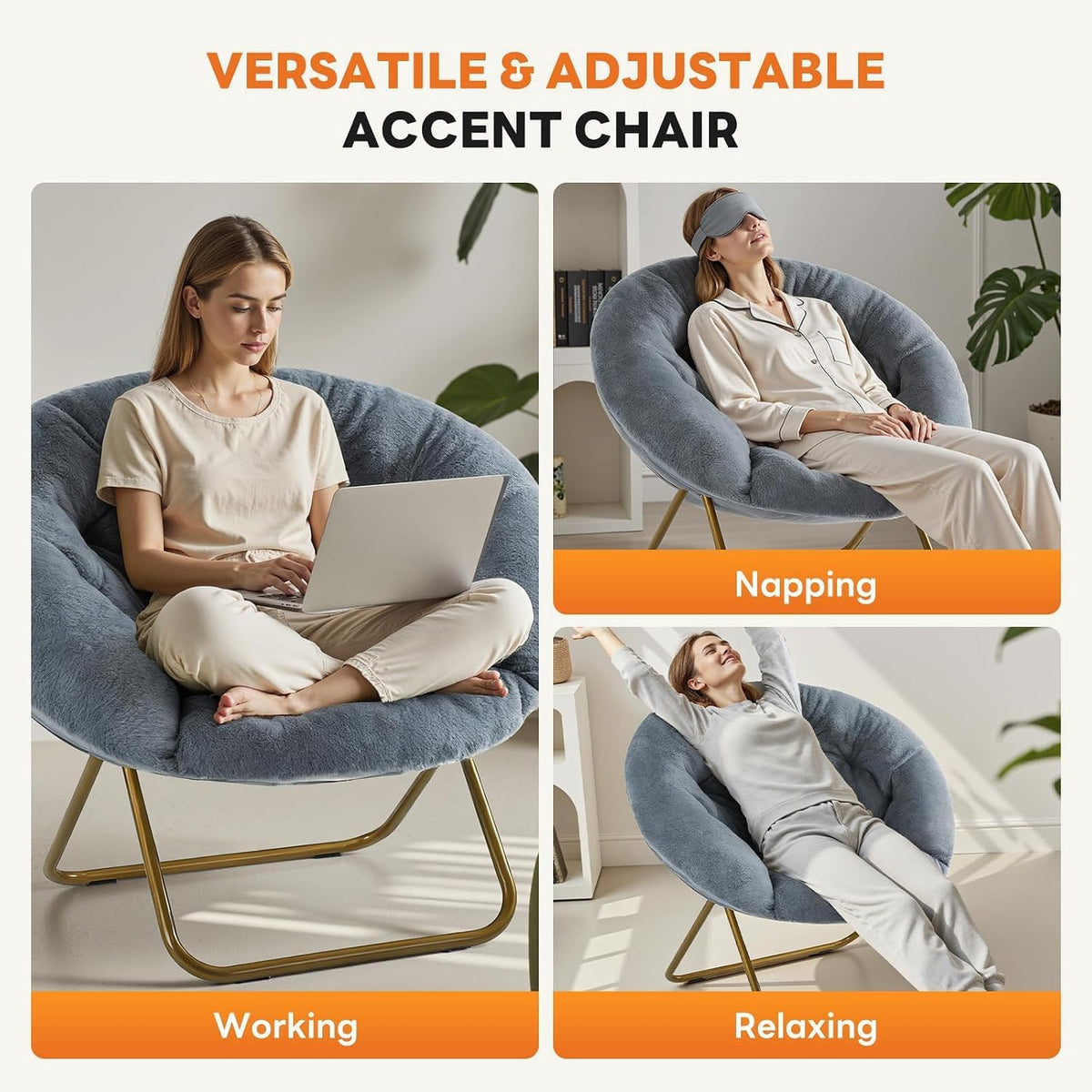Oversized Faux‑Fur Foldable Lounge Chair, Thick Plush Padded Comfy Chair with Sturdy Metal Frame, Modern Relax Chair for Living Room Bedroom Dorm, for Kids & Adults, X‑Large, Classic Gray