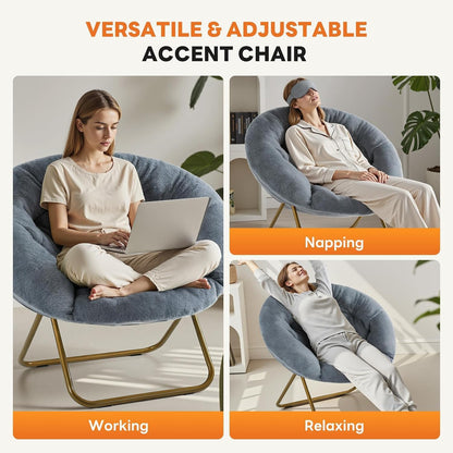 Oversized Faux‑Fur Foldable Lounge Chair, Thick Plush Padded Comfy Chair with Sturdy Metal Frame, Modern Relax Chair for Living Room Bedroom Dorm, for Kids & Adults, X‑Large, Classic Gray