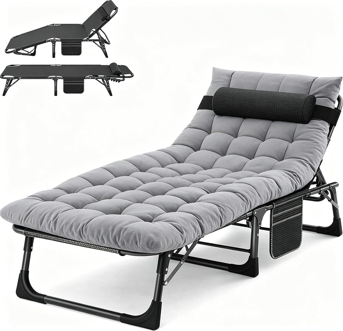 5 Position Adjustable Chaise Lounge Chair, Padded Outdoor Tanning Chair, Heavy Duty Portable Recliner for Patio Pool Lawn Deck Poolside Sunbathing, Support 440 Lbs