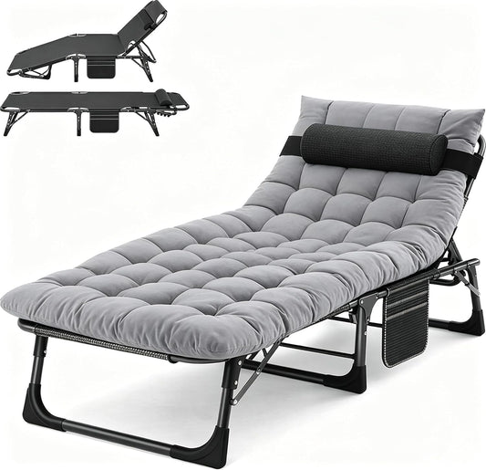 5 Position Adjustable Chaise Lounge Chair, Padded Outdoor Tanning Chair, Heavy Duty Portable Recliner for Patio Pool Lawn Deck Poolside Sunbathing, Support 440 Lbs