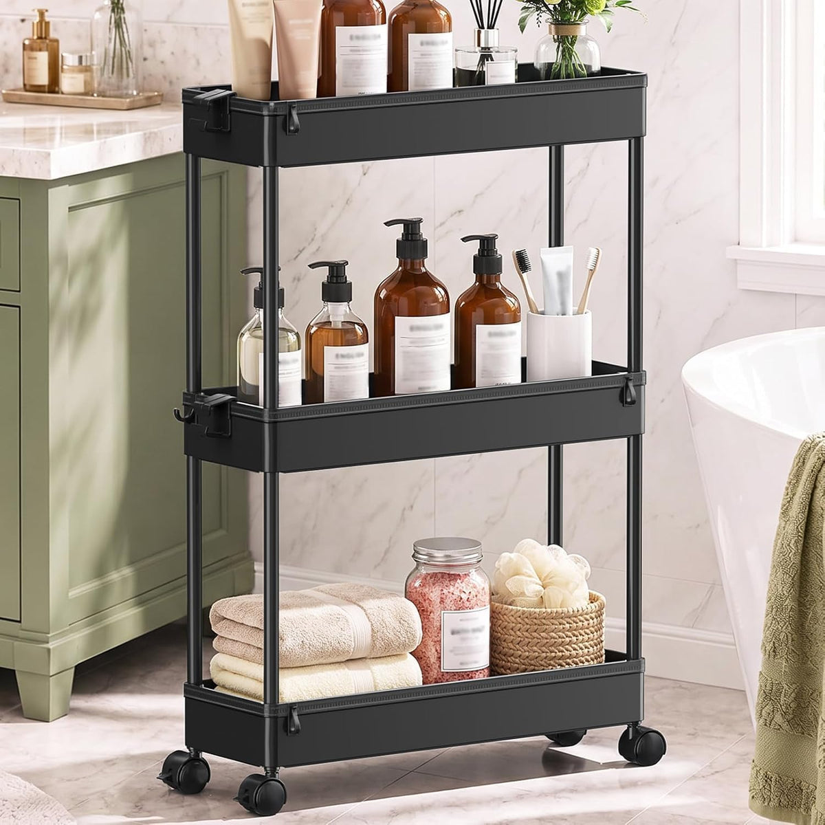 Slim Rolling Utility Storage Cart, 3‑Tier Mobile Bathroom Organizer Trolley, White