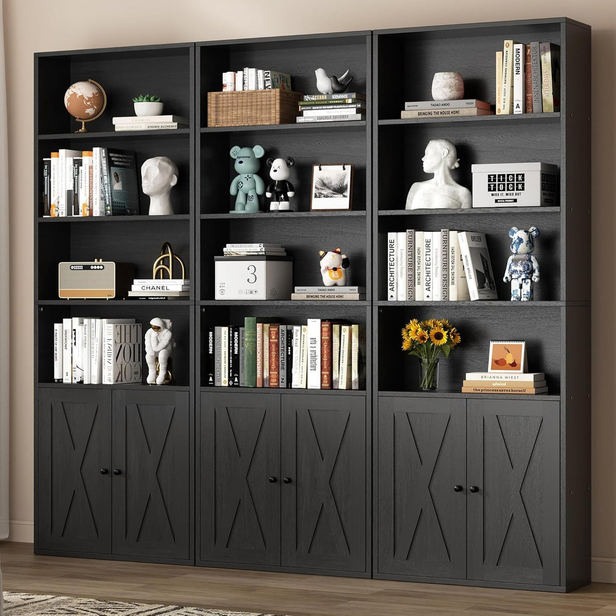 Chulovs Industrial Closed Book Storage Cabinet, Freestanding 6-Tier Display Bookshelf with Cabinet Doors, 70.6 Inch Tall Storage Bookcase for Home Office & Living Room, Black Finish