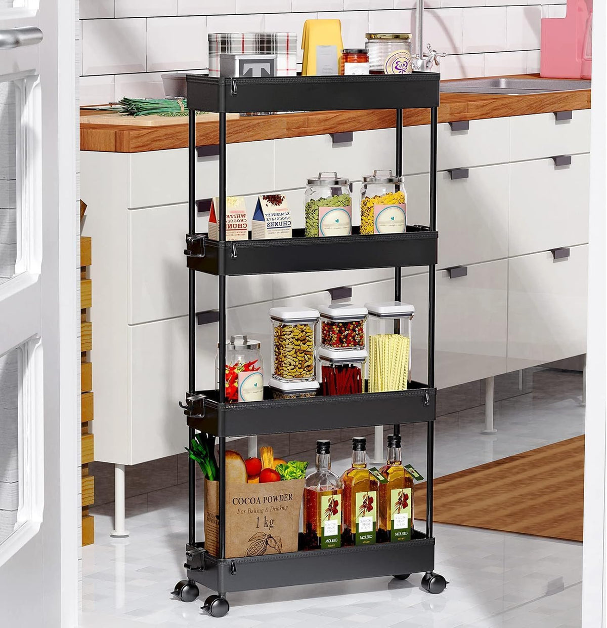 Slim Rolling Utility Storage Cart, 3‑Tier Mobile Bathroom Organizer Trolley, White