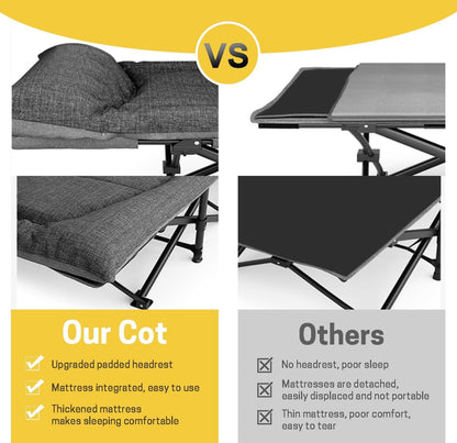 Adult Camping Cot with Cushion and Pillow, Lightweight Portable Folding Sleeping Bed, Outdoor Tent Cot with Carry Bag, Heavy Duty Support 450 lbs, Grey