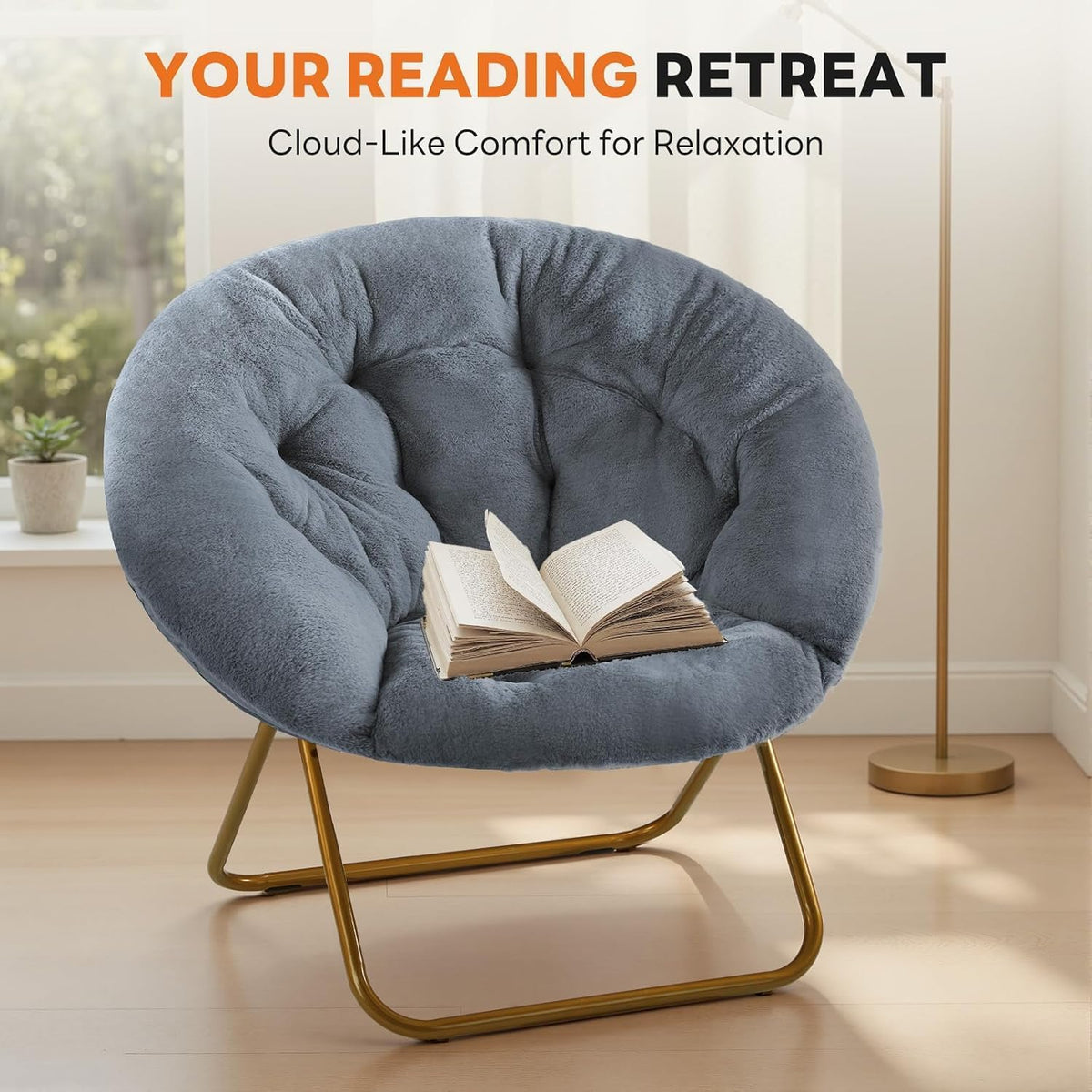 Oversized Faux‑Fur Foldable Lounge Chair, Thick Plush Padded Comfy Chair with Sturdy Metal Frame, Modern Relax Chair for Living Room Bedroom Dorm, for Kids & Adults, X‑Large, Classic Gray