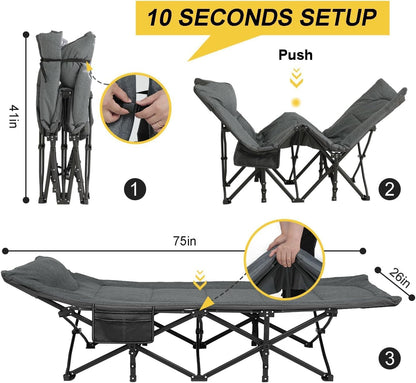 Adult Camping Cot with Cushion and Pillow, Lightweight Portable Folding Sleeping Bed, Outdoor Tent Cot with Carry Bag, Heavy Duty Support 450 lbs, Grey