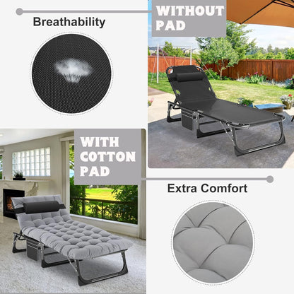 5 Position Adjustable Chaise Lounge Chair, Padded Outdoor Tanning Chair, Heavy Duty Portable Recliner for Patio Pool Lawn Deck Poolside Sunbathing, Support 440 Lbs