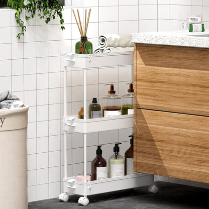 Slim Rolling Utility Storage Cart, 3‑Tier Mobile Bathroom Organizer Trolley, White