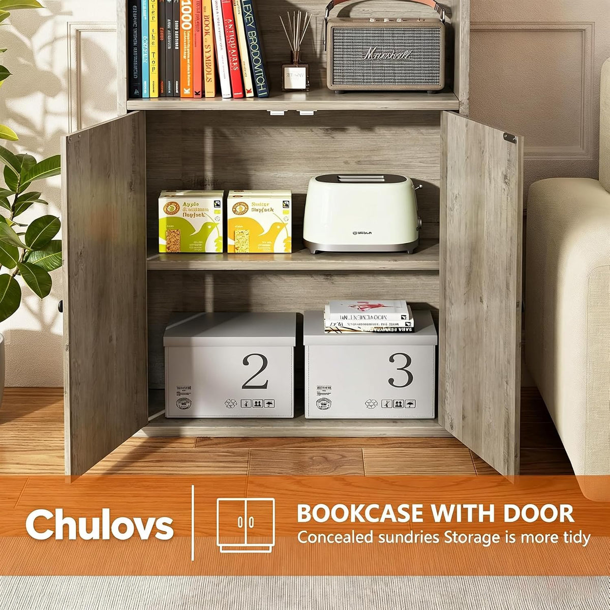 Chulovs Industrial Closed Book Storage Cabinet, Freestanding 6-Tier Display Bookshelf with Cabinet Doors, 70.6 Inch Tall Storage Bookcase for Home Office & Living Room, Black Finish