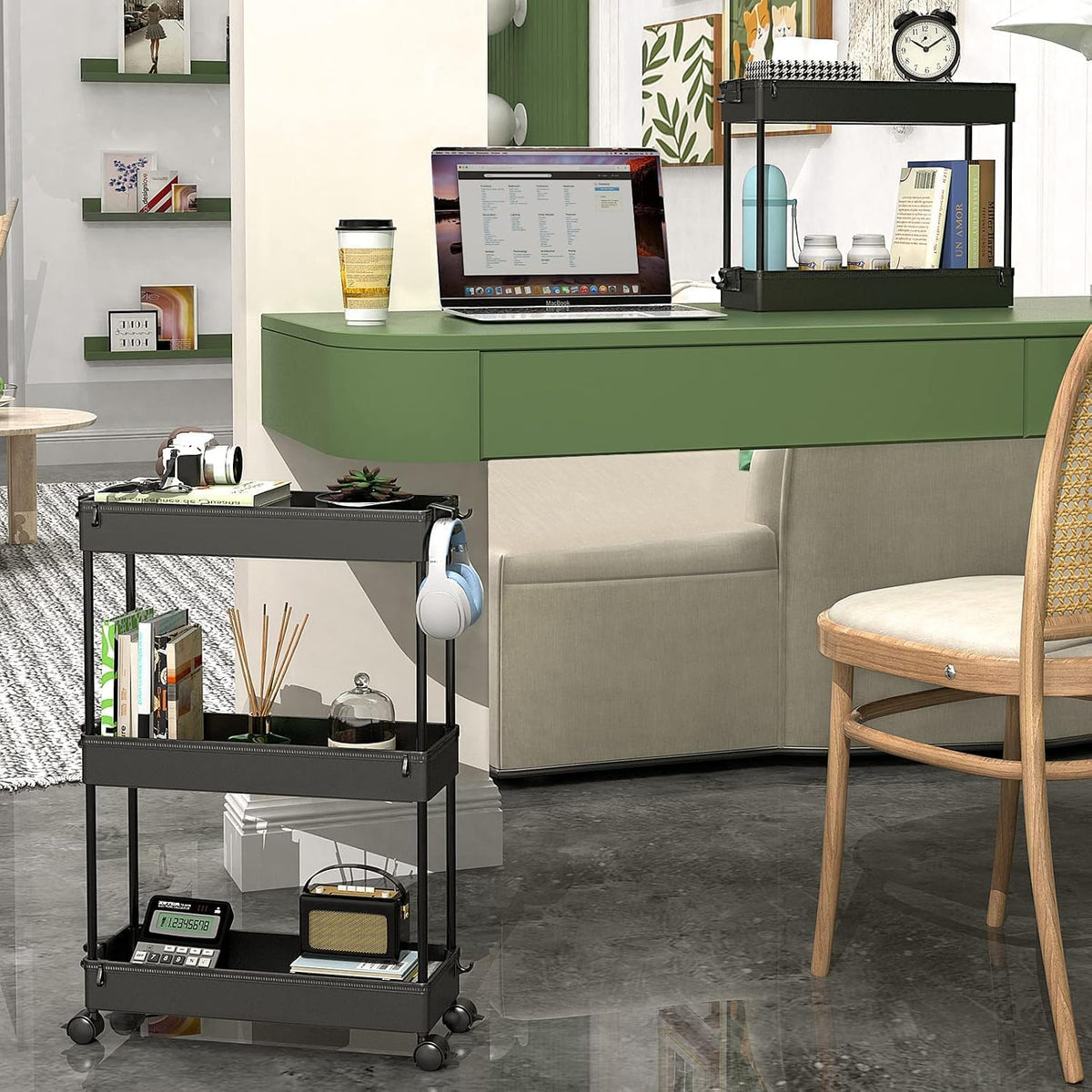 Slim Rolling Utility Storage Cart, 3‑Tier Mobile Bathroom Organizer Trolley, White
