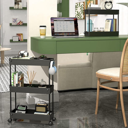 Slim Rolling Utility Storage Cart, 3‑Tier Mobile Bathroom Organizer Trolley, White