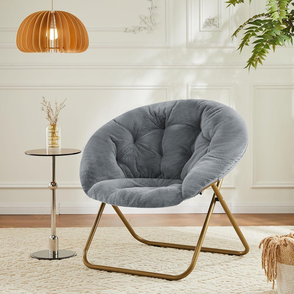 Oversized Faux‑Fur Foldable Lounge Chair, Thick Plush Padded Comfy Chair with Sturdy Metal Frame, Modern Relax Chair for Living Room Bedroom Dorm, for Kids & Adults, X‑Large, Classic Gray