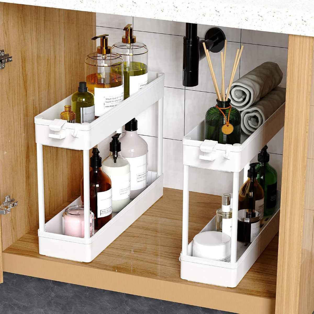 Slim Rolling Utility Storage Cart, 3‑Tier Mobile Bathroom Organizer Trolley, White